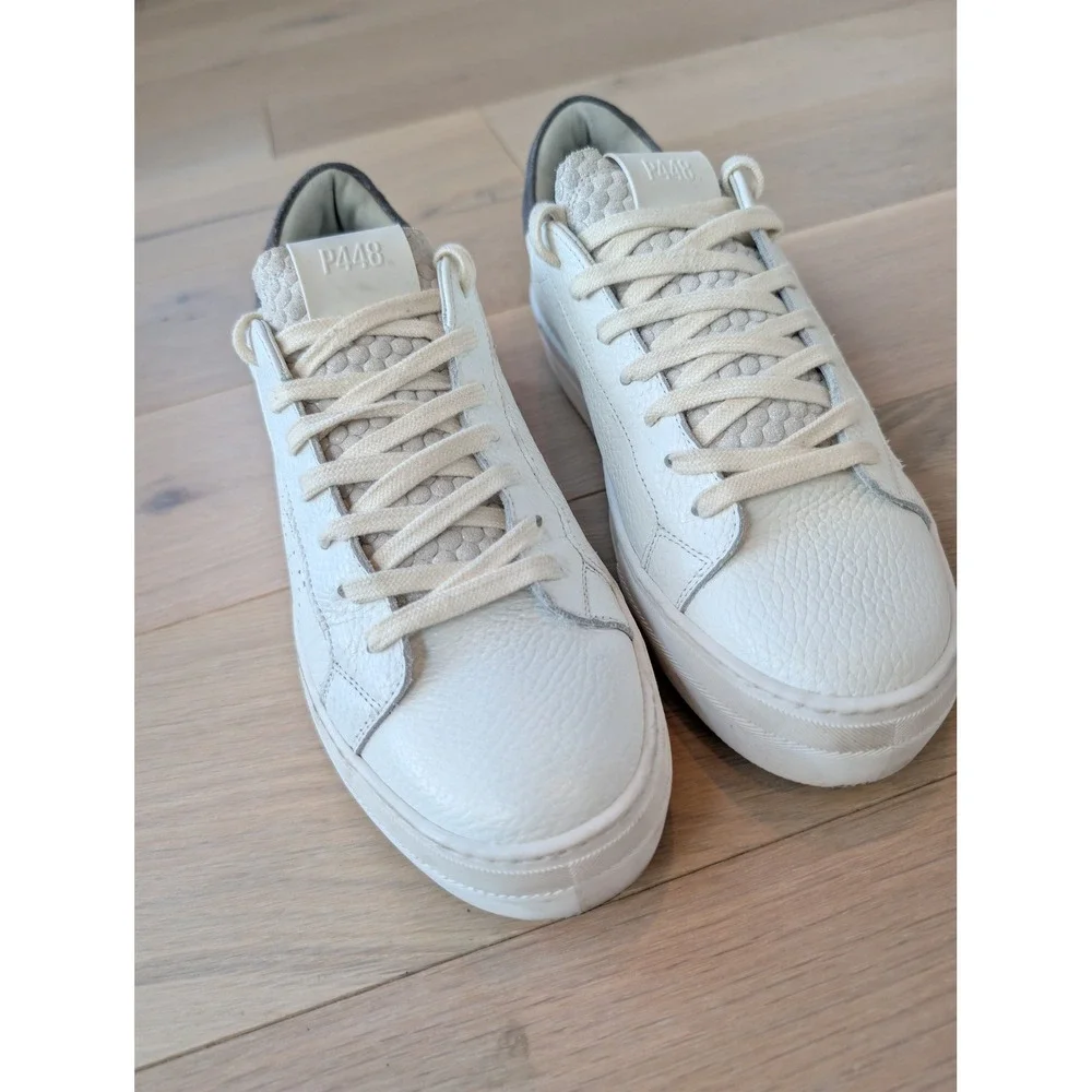 P448 John White Leather Sneakers Gray Suede Low Top US 9/EU 40